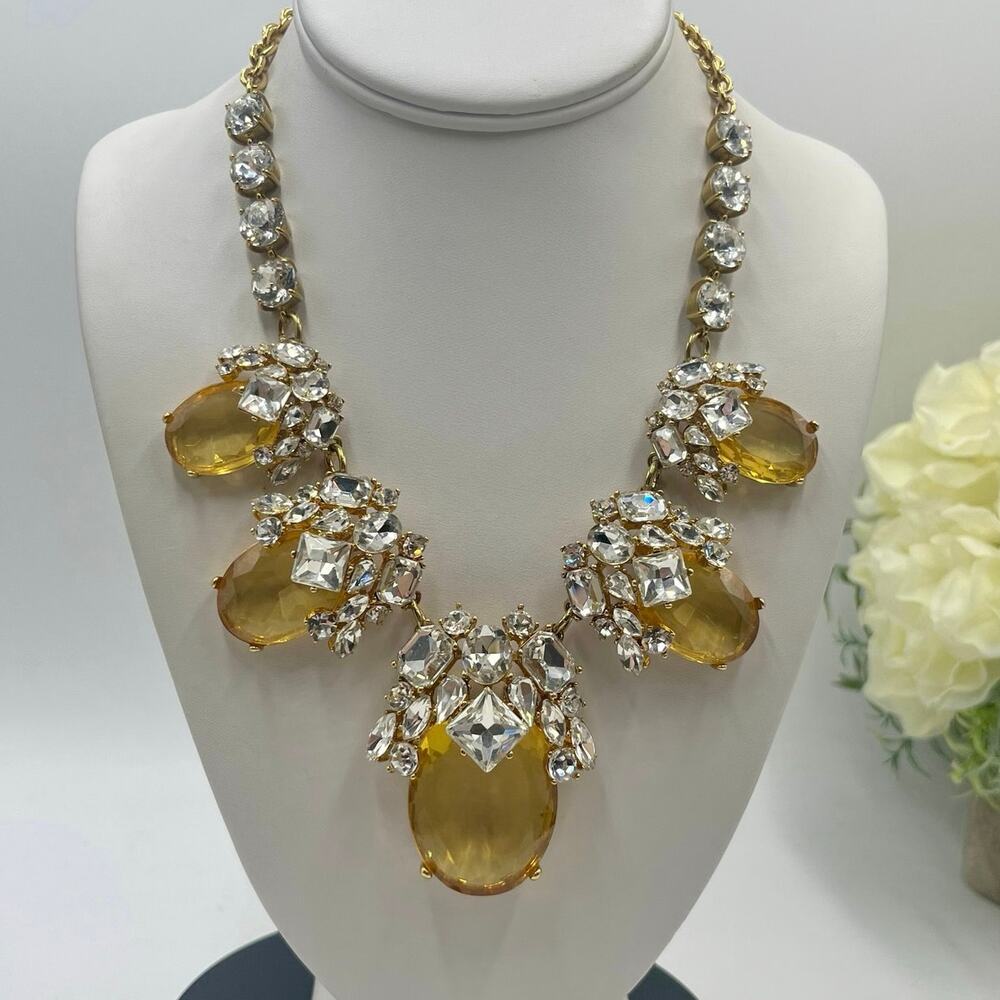 Ann Taylor Golden Citrine‎ Yellow Large Rhinestone Gold Tone Statement Necklace